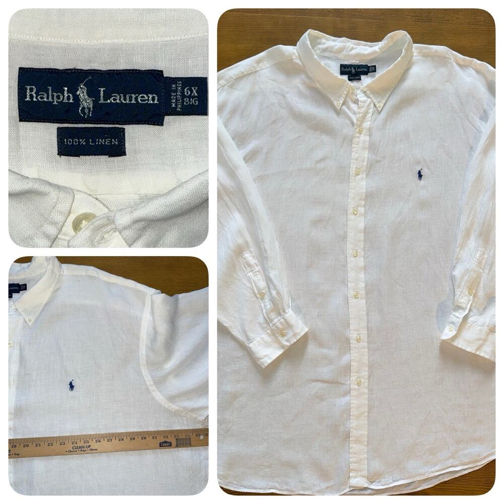 Ralph Lauren Mens Big & Tall Ivory White 100% Linen Shirt Sz 6X 37” P2P Wedding